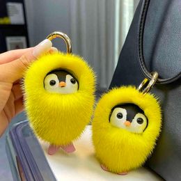 Luxury Real Mink Fur Yellow Pengui Pendant Keychain Toys Cute Penguin Keyring Bag Car Key Ornament Plush Trinket Jewellery Gifts