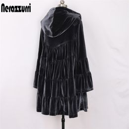 Nerazzurri Oversized velvet trench coat for women with hood flare long sleeve Spring loose clothes for women 2020 women fashion LJ200903
