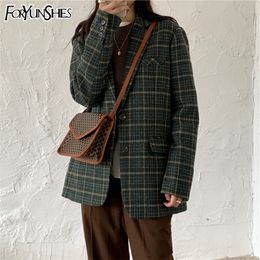 Women Winter Green Plaid Woollen Jacket Coat Femme Retro Notched Collar Single-Breasted Pockets Loose Thickening Blazer 201102