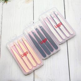 MP042 Custom Logo 4pcs Stainless Steel Eyelash Tweezers Eyebrow Tweezers Eyelash Clip Makeup Kit with Box