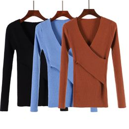 BYGOUBY Sexy V Neck Wrap Women Pullover Sweaters Autumn Winter Long Sleeve Soft Casual Jumper Ribbed Knitted Pull Top Femme Y200722