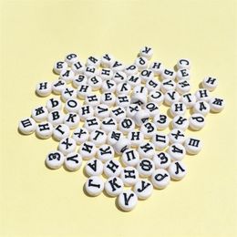 Wholesale Acrylic Russian Letters Beads 4*7MM Flat Round Coin Shape White with Black Printing Plastic Alphabet Initial Bead Y200730