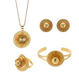 New Flower Bracelet Earrings Necklace Big Ethiopian Wedding Jewellery Set For Women Gold Colour Eritrea Africa Habesha Jewellery