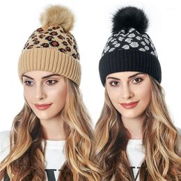 Beanie/Skull Caps Women Hat Leopard Print Warm Knitted Beanies For Ladies Fur Ball Autumn Winter Female Cap Black White 20211