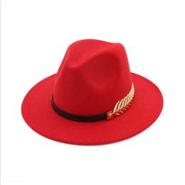 2022 Fashion Design Women Warm Winter Wool Metal leaf Belt Fedora Cap Wide Brim Cowboy Hat AD0779
