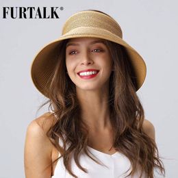 FURTALK Sun Visor Hats for Women Summer Straw Beach Hat Wide Brim Roll Up Ponytail UV UPF 50 Foldable Travel Hat Female Sun Cap Y200602