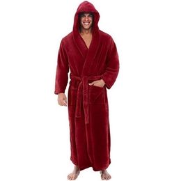 Jodimitty Casual Mens Bathrobes Flannel Robe Hooded Long Sleeve Couple Men Woman Robe Plush Shawl Kimono Warm Male Bathrobe Coat 201111