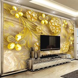Custom Mural Wallpaper 3D Golden Jewellery Flower Luxury Hotel Bedroom Bedside Restaurant Living Room Sofa TV Background Wall Art