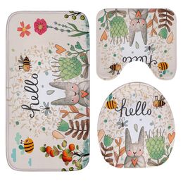 Honlaker Hello Rabbit Flannel Absorbent Non-Slip Mat Bathroom Toilet Mats Set Bath Rugs Toilet Covers Y200407