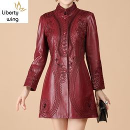 Autumn Genuine Leather Jacket Women Hollow Out Embroidery Slim Sheepskin Coat Office Lady Medium Long Windbreaker Plus Size 6XL 201030