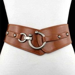 New Fashion Elastic Wide Belt Strap Vintage Women Faux Leather Buckle Elastic Wide Belt Strap Solid Colour Waistband G220301