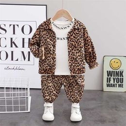 Spring Autumn Children Casual Clothes Outfit Baby Boys Girls Fashion Leopard Jacket T Shirt Pants 3Pcs/Set Kids Infant Tracksuit 211224