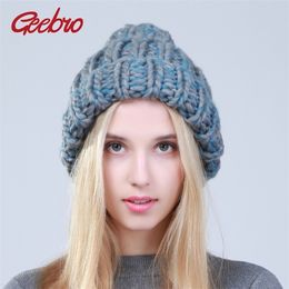 Geebro Female Winter Warm Mixed Colour Beanies Handmade Thick Stick Knitted Coarse Lines Hat Crochet Women Lovely Caps Y201024