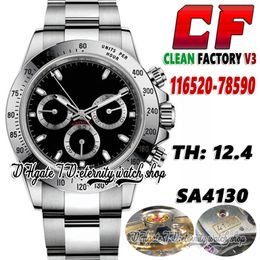 2022 Clean V3 TH:12.4mm 116520 SA4130 Chronograph Automatic Mens Watch Black Dial SS+ 904L Stainless Bracelet And Case Super version Eternity Stopwatch Watches 116500
