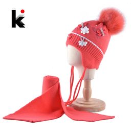 Warm Hats And Scarf Set For Girls Winter Knitted Lovely Kids Beanies With Imitation Fur Pompom Thick Ear Flap Caps Children Sets Y201024