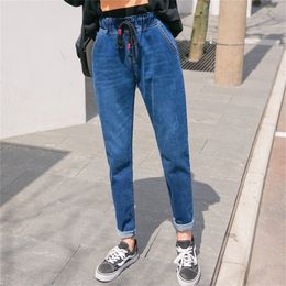 Jeans For Women Plus Size High Waist Drawstring Autumn Mom Jeans Skinny Full Length Denim Harem Pants Blue Black 5xl 201223