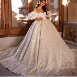 Puff Sleeve A Line Wedding Dresses Ruched Appliqued Lace Modern Design Bridal Gowns Boho Sweetheart Marriage Dress Robe De Mariee