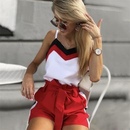 Taotrees Summer Sling Tops Shorts Suits Women Sleeveless T-shirt +Side Stripe Short Pant 2 Pieces Set Female T200325