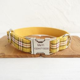 YELLOW PLAID Polyester Webbing Dog Collar with Laser Engraved Personalised Buckle Dropshipping Available LJ201109