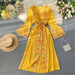 Neploe Indie Folk Heavy Flower Embroidery Dress Women V Neck Flare Long Sleeve Long Vestido High Waist Drawstring Dresses LJ200818