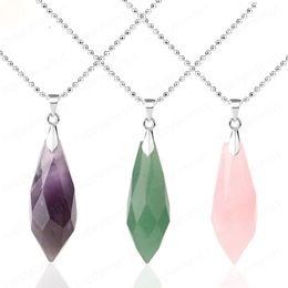 Natural Crystal Multi-faceted Pendant Necklaces Healing Point Water Drop Pink Quartz Tiger Eye Reiki Jewelry for Women