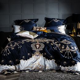 80S Egyptian cotton luxury embroidery bedding set king queen size duvet cover Blue bedlinen bed sheets linen set 4/6pcs T200706