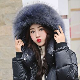 New Winter Real raccoon Fur Collar Long White Duck Down Jacket With Dood Female Loose Thick Casual Warm Zipper lovers' clothes 201103