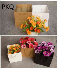 10pcs 15*15*15cm/10*10*10cm Square Kraft Paper Box Wide Bottom Cardboard Handle Box For Packaging Fruit Flower Bonsai Gift Bag H1231