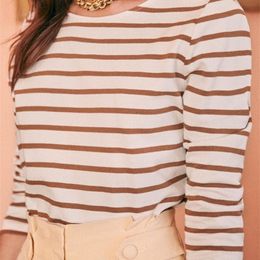 Women Long Sleeve Stripes T shirt New Early Autumn O-neck Lady Casual Tee Female Bottoming t-shirts Top Shoulder Buttons 201028