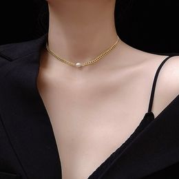 Titanium With 18K Gold Real Natural Pearl Necklace Wowen Stainess Steel Jewelry Party Designer T Show Runway Gown Japan Korean Q0531