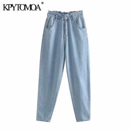 Vintage Stylish Basic Paperbag Jeans Women Fashion High Elastic Waist Side Pockets Ladies Denim Pants Casual Jean Femme 201105