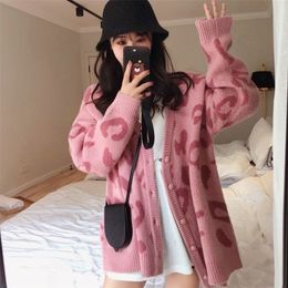 OUMENGKA Women Sweaters Autumn Winter Fashionable Casual Leopard V-Neck Single Breasted Puff Sleeve Loose Cardigans Coat 201128