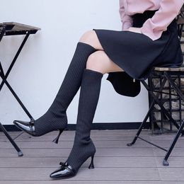 hot salewomens boots autumn winter knee high boots for woman shoes knitting wool long boot women pointed toe black ladies shoes