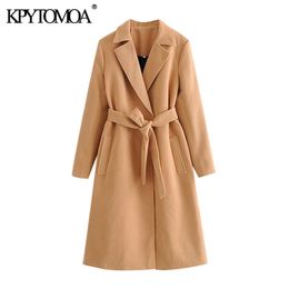 KPYTOMOA Women Fashion With Belt Side Pockets Woollen Coat Vintage Long Sleeve Back Vents Female Outerwear Chic Overcoat 201112