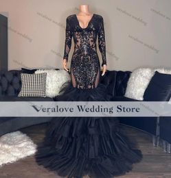 Women Black Dress Sexy Sequins Mermaid Prom Dresses Long Sleeves V Neck African Occasion Evening Party Gowns Vestidos