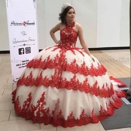 Chrro Vermelho Renda Bola Vestido Quinceanera Vestidos Cansado Laço Applique Doce 16 Vestido Dress Use Celebrity Party Shows Graduação