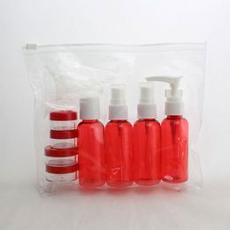 Travel Bottles Set For Cosmetics Packaging 12pcs Empty Red Plastic Container With Lotion Cream Pump Mist Spray Screw Cap