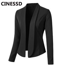 CINESSD Women Blazer Coats Solid Casual Long Sleeve Suits Turn Down Collar Navy Blue Slim Office Lady Business Suit Jackets 201201