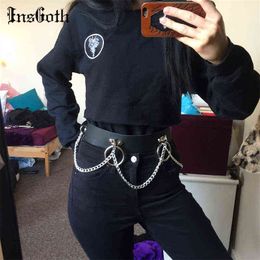 Women Gothic Black PU Belts Chain Hidden Button Goth Cosplay Punk Style Hip Hop Fashion Female Belt Party Club Casual Belt Y220301