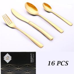 16 PCS Gold Flatware Set Mirror Polishing Cutlery Sets Stainless Steel Polish Dinnerware Spoons/Knives/Fork Gift Box Y200610