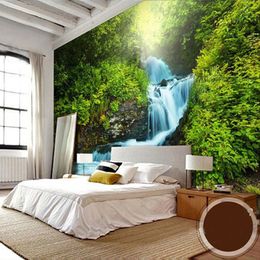 Green Forest Waterfall Stream Photo Mural Custom Non-woven 3D Straw Wall Paper For Living Room Bedroom Eco-friendly Wallpaper