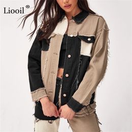 Liooil Patchwork Denim Loose Coats And Jackets Women Fall Winter Streetwear Color Block Jacket Button Up Pockets Sexy Thin Coat 201102