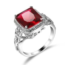 Hollowing Out Carving Flowers Wedding Rings for Women 925 Silver Bridal Engagement Ring Red Square Ruby Elegant Bijoux