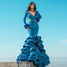 Fabulous Mermaid Prom Dresses V Neck Long Sleeves African Tiered Evening Gowns Satin Sweep Train Formal Party Dress