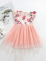 Toddler Girls Contrast Mesh Floral Print A-line Dress SHE
