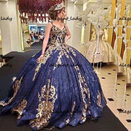 Navy Royal Blue Sequined Appliques Quinceanera Dresses Gold puffy skirt lace-up corset top Sweet 15 Dress vestidos de xv 15 años