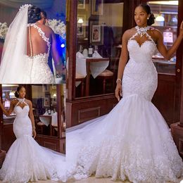 Luxury African Mermaid Wedding Dresses Halter Neck Appliqued Lace Bridal Gowns Sweep Train Arabic Design Custom Made Vestidos De Novia