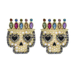 new style skull stud earrings fashion gold plated crystal pearl colorful enamel skull handmade earrings jewelry