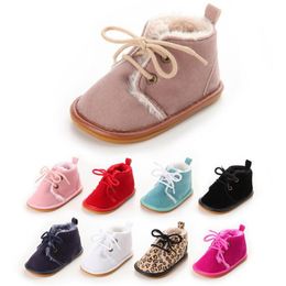 New Suede Leather with Fur solid Newborn Baby shoes toddler Girl boy First Walkers shoes lace-up super warm Plush boots LJ201104