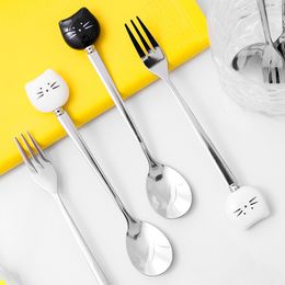 Lovely Cartoon white & black Cat Ceramic Handle Spoon Stainless Steel Stirring Coffee Spoon Fork Wedding Favours